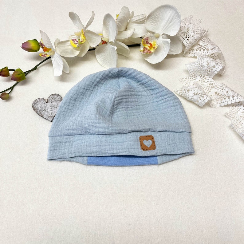 Baby Beanie Muslin Organic, Summer Beanie, Summer Hat, Many Sizes & Colors, Baby Hat Handmade hellblau
