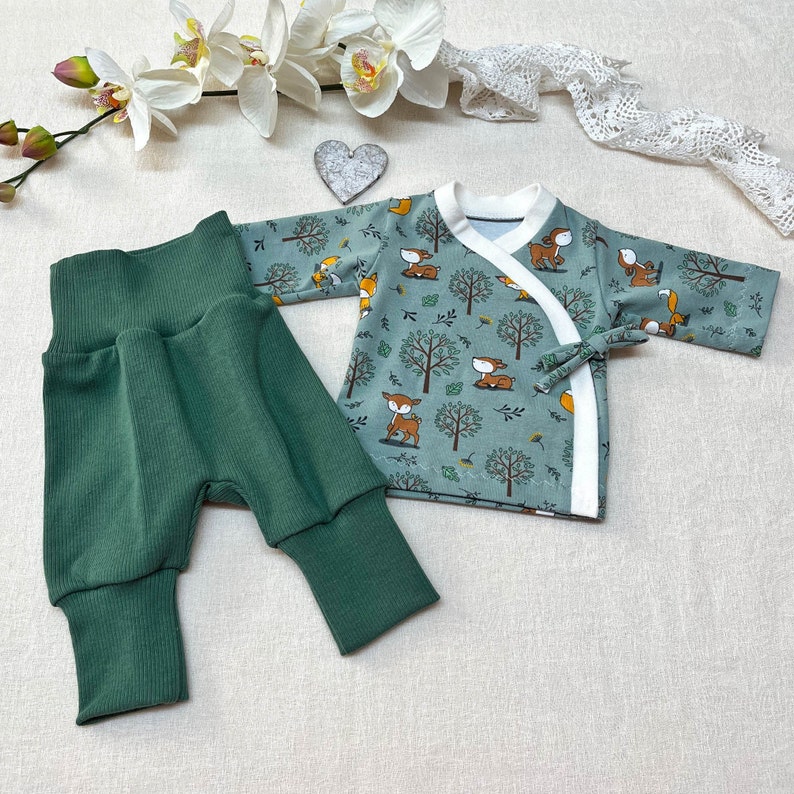 Frühchen Kleidung, Strampler, Wickelshirt & Hose, Mütze, Kleidung Frühgeborene, Erstausstattung, handgemacht Set Gr. 38 grün