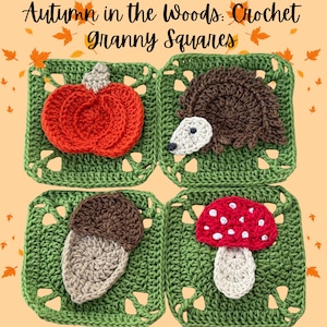 Pode incluir: Quatro quadrados de crochê com desenhos de outono. Os quadrados apresentam uma abóbora, um ouriço, uma bolota e um cogumelo, em tons de laranja, castanho, vermelho e branco, sobre um fundo verde. O texto no topo diz "Autumn in the Woods: Crochet Granny Squares."