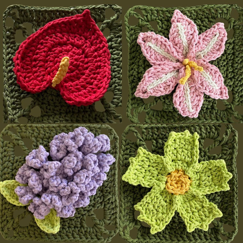 May include: A collection of four crocheted floral designs. The designs include a red anthurium, a pink and white lily, a cluster of purple lilacs, and a green and yellow flower, all set on green crocheted squares.