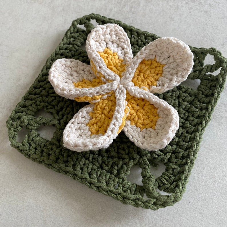 May include: A crocheted flower with white and yellow petals on a green crocheted square background.