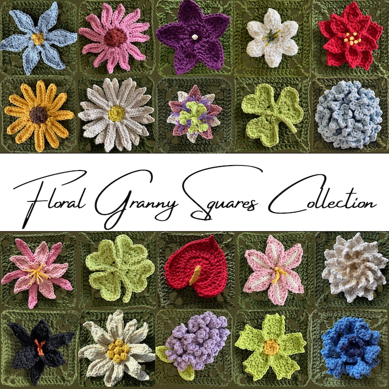 May include: A collection of colorful, crocheted floral granny squares in various designs, including daisies, clovers, and hydrangeas. The squares are arranged on a green background. The text "Floral Granny Squares Collection" is displayed.