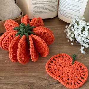 May include: A three-dimensional crocheted orange pumpkin with a dark green stem and a separate flat, circular crocheted orange coaster featuring a small green stem, both crafted from yarn with visible open-stitch patterns and textured surfaces.