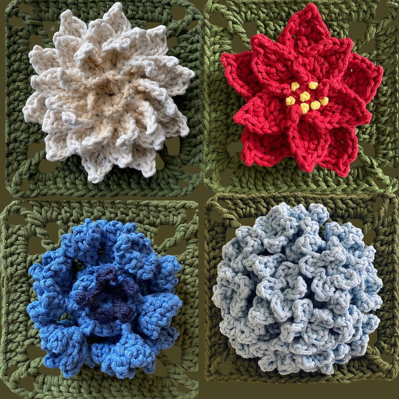 May include: Four crocheted flower designs in a square arrangement. The flowers are in cream, red, blue, and light blue. Each flower is centered on a green crocheted square. The red flower has yellow accents in the center.