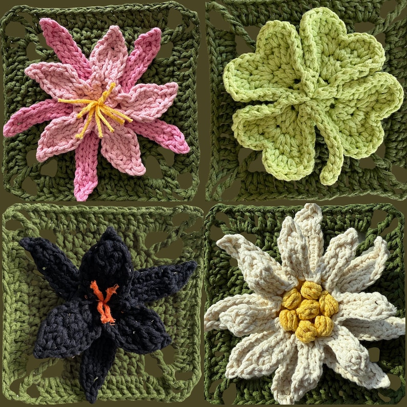 May include: Four crocheted squares featuring floral designs. The squares showcase a pink and yellow flower, a green four-leaf clover, a black flower with orange accents, and a white flower with yellow center, all on green backgrounds.