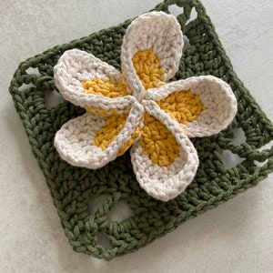 May include: A crocheted flower with white petals and yellow centers is placed on a green crocheted square.