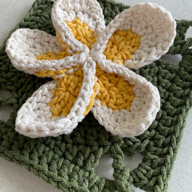 May include: A crocheted flower with white and yellow petals on a green crocheted background.
