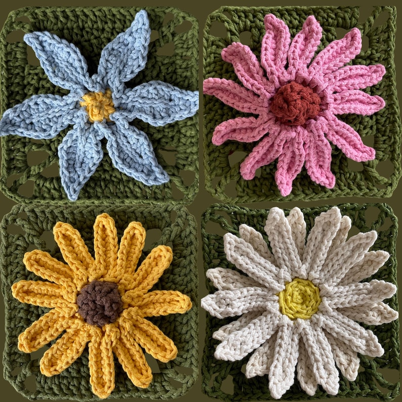 May include: Four crocheted flower squares in shades of blue, pink, yellow, and white, each with a brown or yellow center. The flowers are set on a green crocheted background, creating a vibrant, handmade floral design.