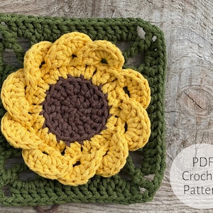 May include: Crochet pattern for a sunflower square with a green border. The pattern is available as a PDF download.