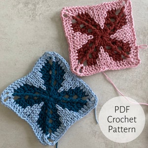 May include: Two crochet squares, one in teal and light blue, the other in pink and maroon. The squares are made with a granny stitch pattern. The text "PDF Crochet Pattern" is visible in the image.