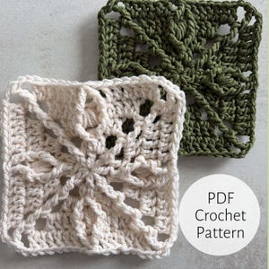 May include: Two square crochet patterns, one cream and one olive green, are displayed. The cream-colored square is in the foreground, with a detailed openwork design. The olive green square is in the background. A white circle with the text "PDF Crochet Pattern" is in the lower right.