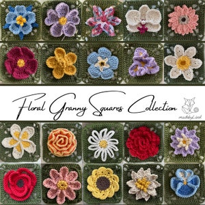 May include: A collection of 18 crochet granny squares featuring different floral designs. The squares are arranged in a grid pattern and are all made in different colors, including red, pink, blue, yellow, and green. The squares are all edged in a green crochet border. The text "Floral Granny Squares Collection" is written in black cursive script at the top of the image. The text "madebylise" is written in black at the bottom of the image.