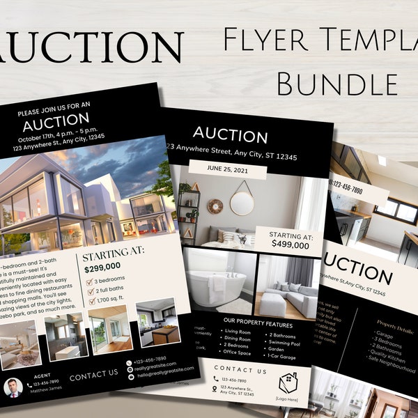 Auction Flyer Template, Real Estate Flyer Templates, Real Estate Templates, Real Estate Marketing, Editable Canva Templates DIY Bundle