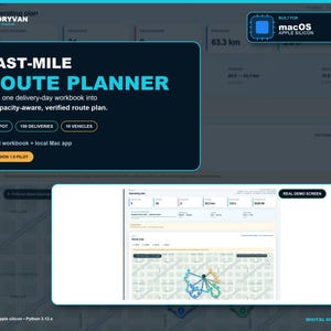 Può includere: Un'interfaccia software digitale per un pianificatore di percorsi dell'ultimo miglio. Il pannello blu scuro mostra il testo LAST-MILE ROUTE PLANNER, 1 DEPOT, 150 DELIVERIES, 10 VEHICLES e VERSION 1.0 PILOT. Un riquadro mostra una mappa con percorsi.
