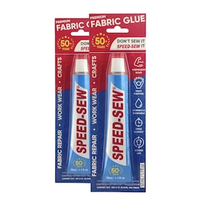 May include: Two tubes of Speed-Sew premium fabric glue in blue packaging with white caps. The red and white labels feature the text 50 Years, Don't Sew It Speed-Sew It, and 50ml / 1.7 fl oz. Icons indicate permanent bond, multi-purpose, and washable.