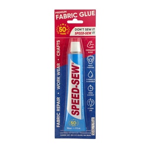 May include: A blue tube of Speed-Sew fabric glue with a white cap. The label says "Speed-Sew" and "Don't sew it, Speed-Sew it". It is a permanent bond, multi-purpose, durable and washable, dries quickly, and extends the life of fabric. The tube is 50 ml or 1.7 fl oz.