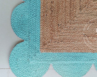 Handmade Natural Jute with Turquoise Scalloped Jute Rug Abstract Pattern Rug Home and Living