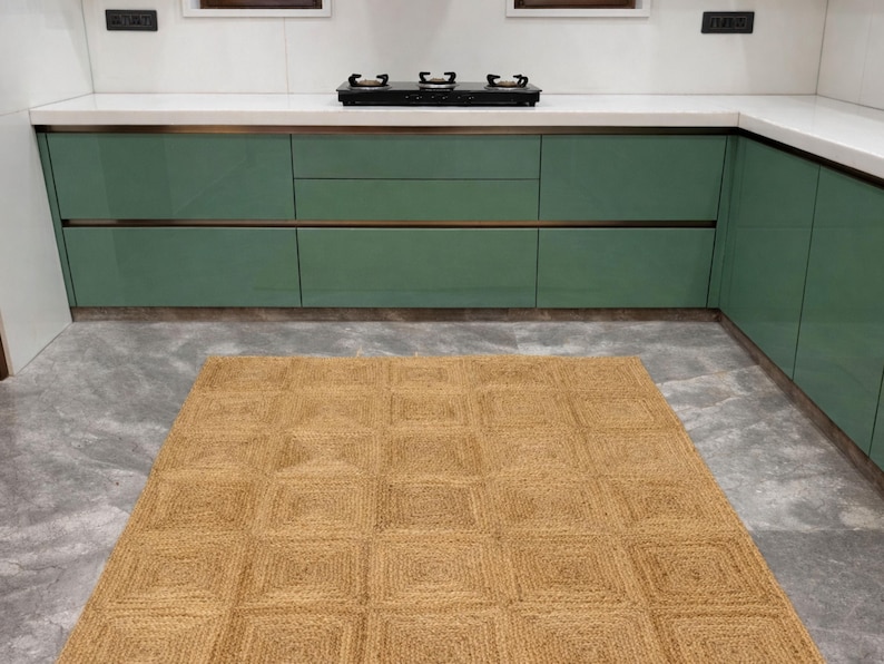 May include: A rectangular, woven jute rug with a geometric square pattern. The rug is a warm tan color and is placed on a gray tiled floor in a kitchen setting. The kitchen features green cabinets and a white countertop.