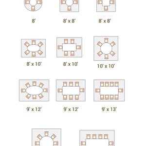 May include: Diagram illustrating dining room rug sizes with various table and chair arrangements. Sizes range from 8' round to 10' x 14' rectangular, with text labels for each configuration. The text "DINING ROOM RUG SIZES" is at the top.