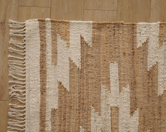 Alfombra de yute de algodón blanca y beige hecha a mano, alfombra bohemia, alfombra bohemia para dormitorio y decoración del hogar, alfombra ecológica de fibra natural para la cocina.