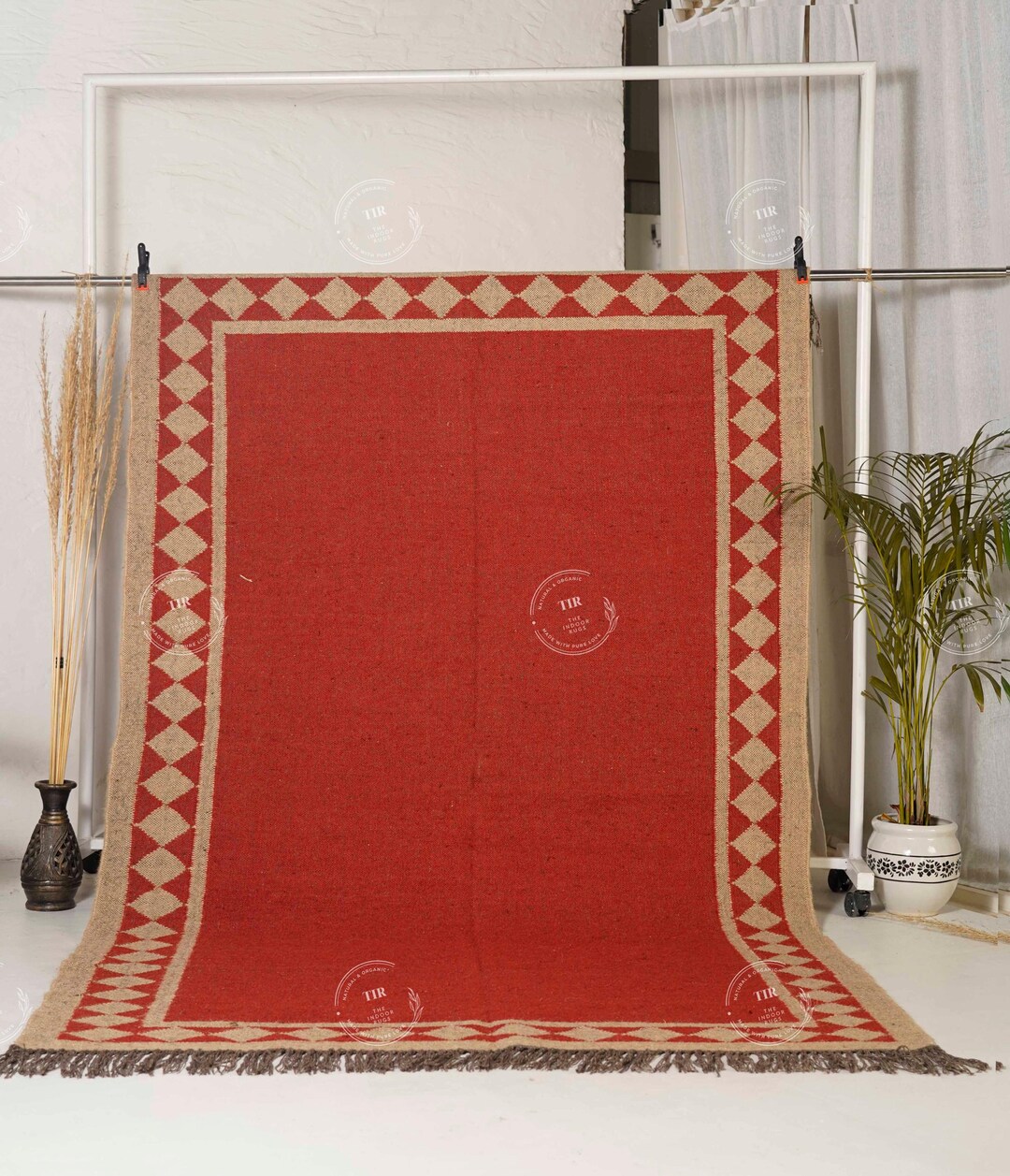 Indian Handwoven Red Kilim Rugs : Geometric Wool Jute Carpet for ...