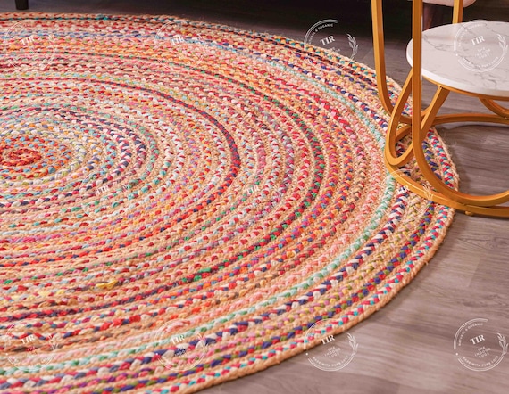 Hand Braided Round Chindi And Jute Rug, Custom Size Natural Circle Jute And Chindi Rug, Living Room Decor Round Rug Entryway Circle Area Rug