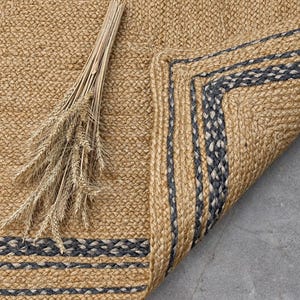 Handmade Natural jute area rugs for kitchen decor, 5x7ft Rectangle Boder pattern Jute rugs, Flatweave Room decor boho large jute carpets