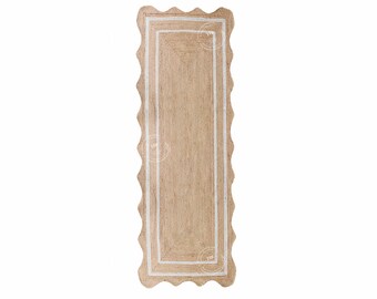 Scalloped wave jute rugs: white double border braided rugs for farmhouse runner rugs