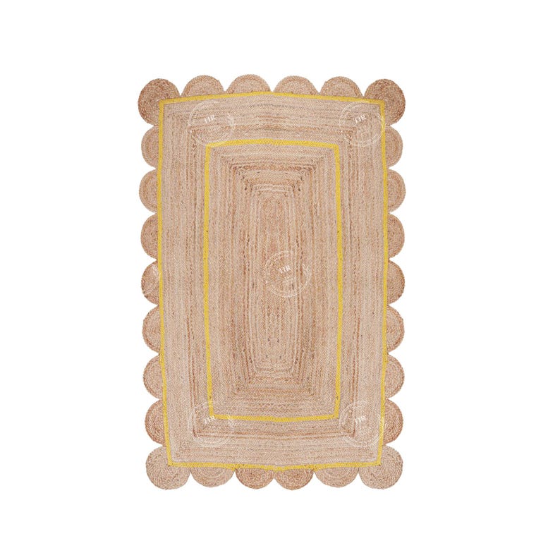 May include: A natural fiber rug with a scalloped edge and a yellow border. The rug has a rectangular shape and is made of woven jute.