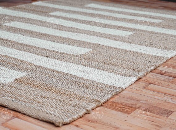 Beige and white hemp jute rug : stripe design woven jute carpet for living room