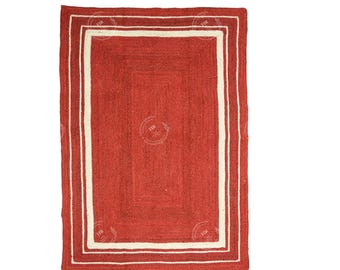 Custom Size Indian Hand Braided Jute Rug, Red Jute With White Border, Rectangle Shape Rug, Vintage Jute Rug, Eco Friendly Rug, Bohemian Rug