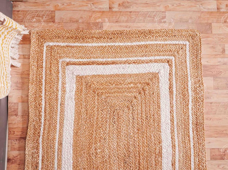 Hand Braided Natural Jute Rug, White Border Natural Jute Runner Rug for