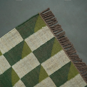 Handmade Vintage Green flatweave wool jute kilim rugs for home decor, Nordic Style Rug 2 x 10 ft runner boho large hallway decor rugs