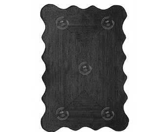 Scalloped black jute rug, Bohemian scallop rug, Solid rugs, Scalloped runner rug, Area rug for living room, Custom size rugs