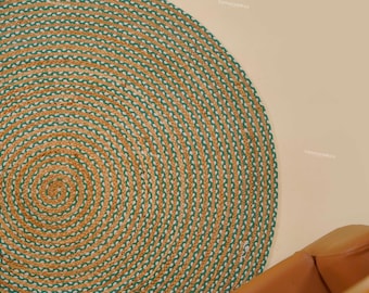 Round Hand braided cotton jute rugs : Circle area carpet moroccan dhurrie for floor mat and traditional decor, Green Colour Round carpet