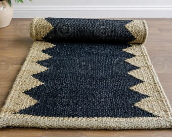Handwoven Hemp jute runner rugs for stair decor, Zig zag Natural border runner area rugs, Black 2 x 8 ft jute kitchen runner traditional rugs