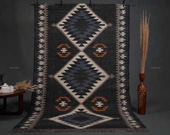Vintage Black Kilim Jute Rug, Handwoven Tribal Geometric Boho Area Rug, Southwestern Style Carpet Eco Friendly Natural Living Room Fiber Rug