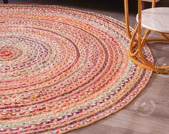 Hand Braided  Round Chindi And Jute Rug/ Custom Size Natural Circle Jute And Chindi Rug/ Living Room Decor Round Rug /