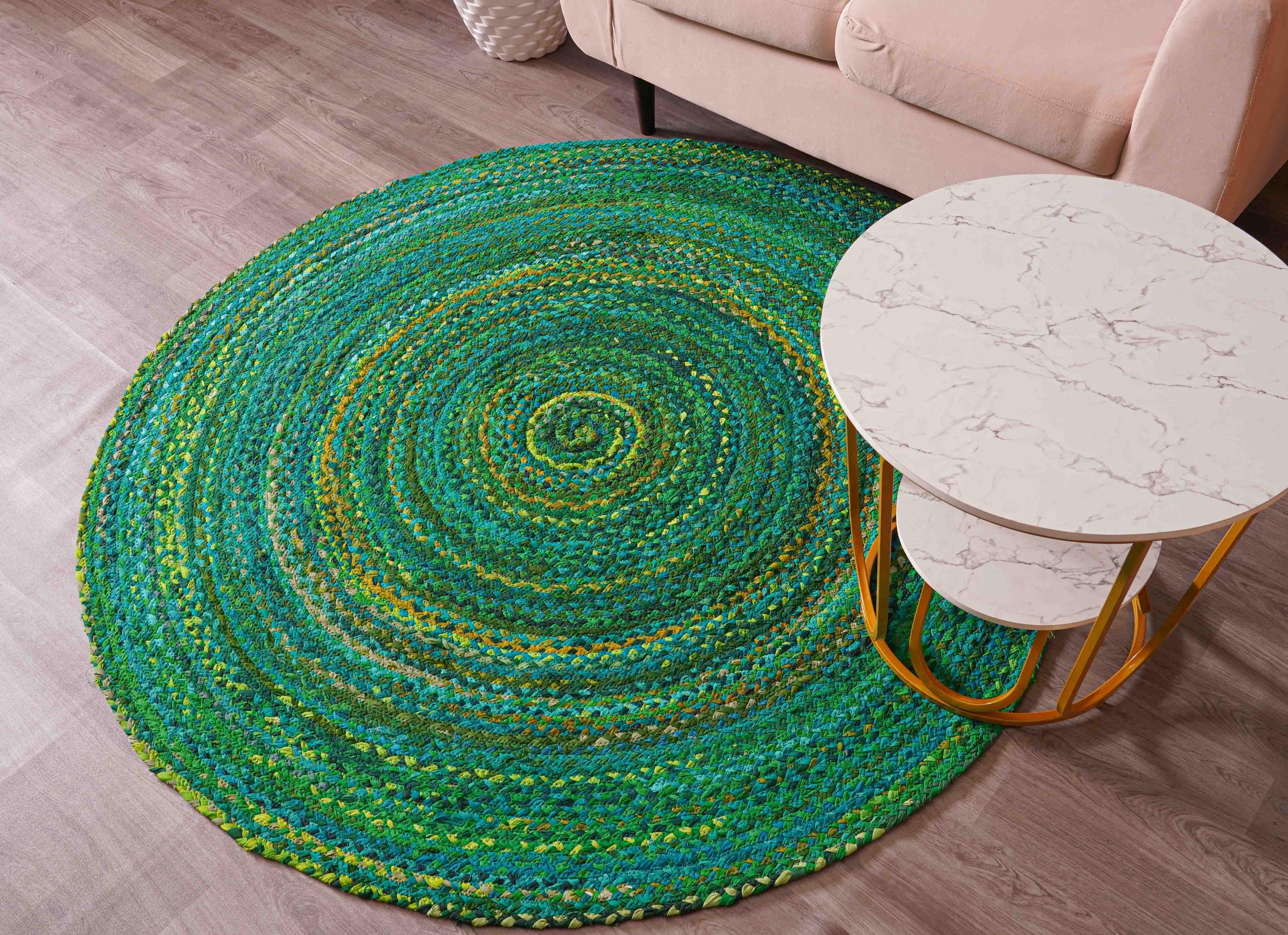 Handmade Circular Rug Handmade Green Chindi Round Rugs, 5 X 5 Ft Area Circle Carpet for Room ...