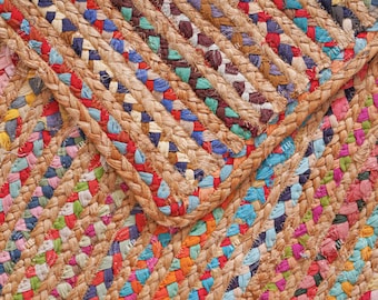 マルチカラーの手編みコットンジュートラグ、子供部屋用ラグ、カスタムサイズラグ、ボヘミアンコットンジュートラグ、トルコ製エリアラグ、ヴィンテージコットンラグ