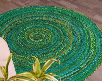 Handmade green chindi round rugs, 5x5ft area circle carpet for room decor, Boho style Traditional Circular doormat carpet, Custom size rug
