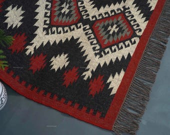 Handmade Southwestern Kilim Rug, Black Red Wool Jute Rug For living room decor, Aztec Pattern Geometric carpet, Vintage boho jute rugs