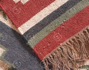 Alfombra Kilim Vintage de Lana y Yute, Alfombra de Lana y Yute tejida a mano, Alfombra Kilim Dhurrie hecha a mano, Alfombra tradicional india de Yute, Alfombra de lana y yute bohemia