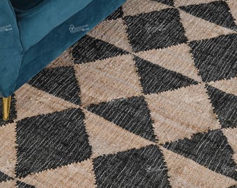 Natural Cotton Jute Moroccan Inspired Rug in Black Design, Hand Woven Bohemian Decor Inspired, Boho Scandinavian Decor
