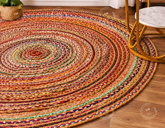 Hand Braided Round vibrant color cotton chindi rugs for room decor, Bohemian Durable Cotton circle area doormat, Cotton Round 5ft chindi rug