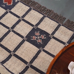 Vintage boho kilim jute rugs for kitchen decor 7x12ft Wool jute flatweave box pattern jute carpets, bohemian kilim large area rugs