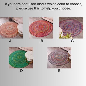K&ouml;nnte beinhalten: F&uuml;nf runde Teppiche in verschiedenen Farben werden gezeigt: A ist orange und beige, B ist rot und rosa, C ist lila und blau, D ist gr&uuml;n und E ist grau und lila. Der Text lautet: &bdquo;Wenn Sie sich nicht sicher sind, welche Farbe Sie w&auml;hlen sollen, verwenden Sie dies, um Ihnen bei der Auswahl zu helfen.&ldquo;
