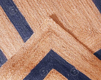 Navy Blue border natural Jute Braided Rug - jute rugs - All Custom Size available - jute rug- border large area jute rugs- best quality