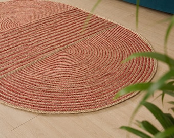 Handwoven Vintage red oval jute rugs for kitchen decor, Boho large size oval jute carpet, Sisal Natural stripe rug, eco friendly decorative.
