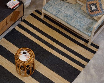 Handwoven Black Striped Jute Hemp Rug, Vintage Natural Fiber Rug, Modern Farmhouse Area Rug, Boho Living Room Carpet, textured stripe rug